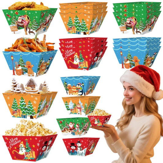 12 Pcs Christmas Paper Food Tray Tree Santa Gingerbread Elk Pattern Snack Bowl Xmas Party Disposable Paper Serving Tray Cute Popcorn Hot Dog Candy Container Boat For Winter Xmas Carnivals Decorations
